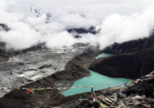 The prayer flag and green Gokyo Third  Lake