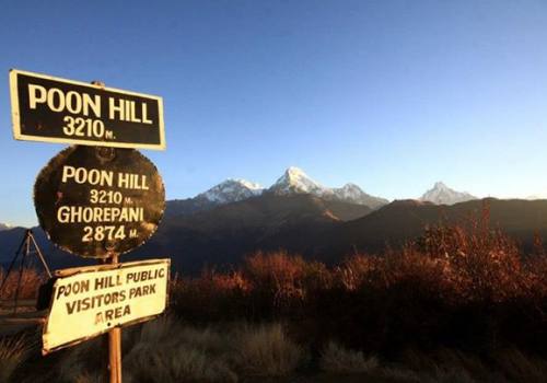 Panorama of Himalayans  and Poon Hill label Nepal